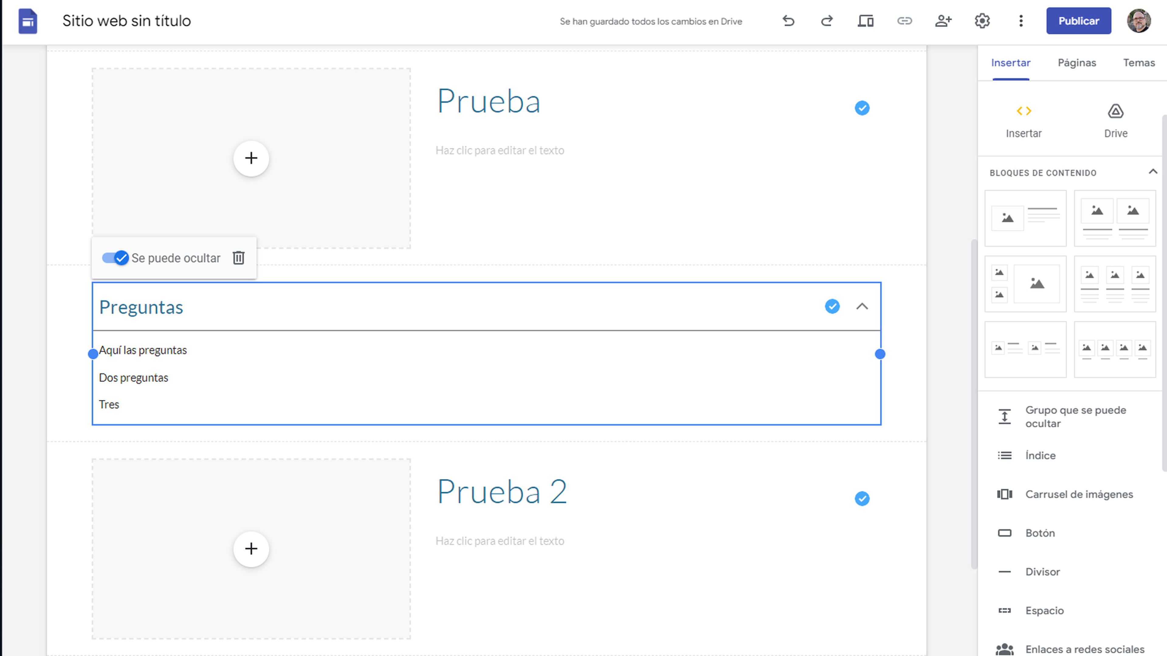 Grupos plegables Google Sites