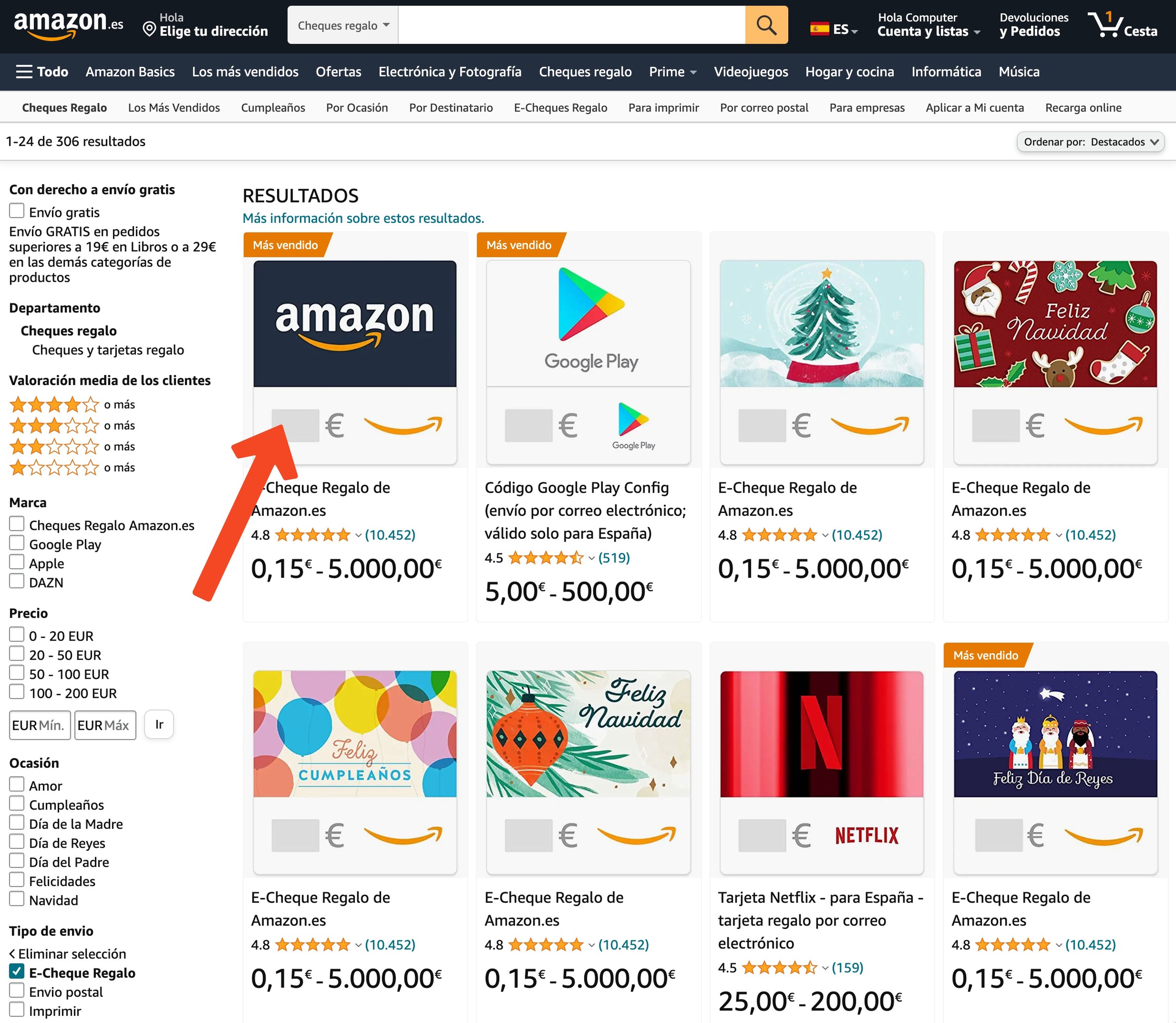 Comprar un cheque regalo de Amazon