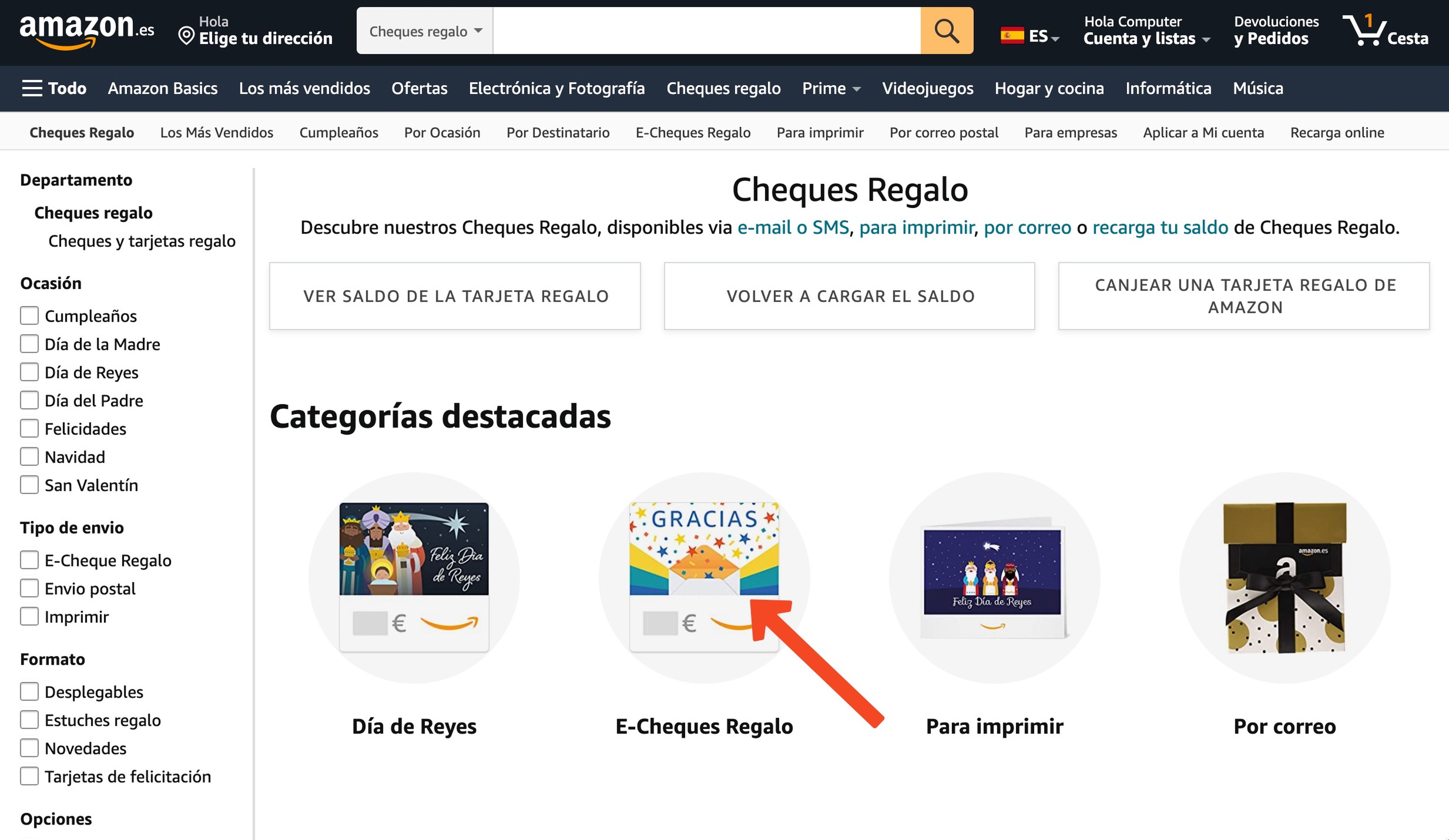 Comprar un cheque regalo de Amazon
