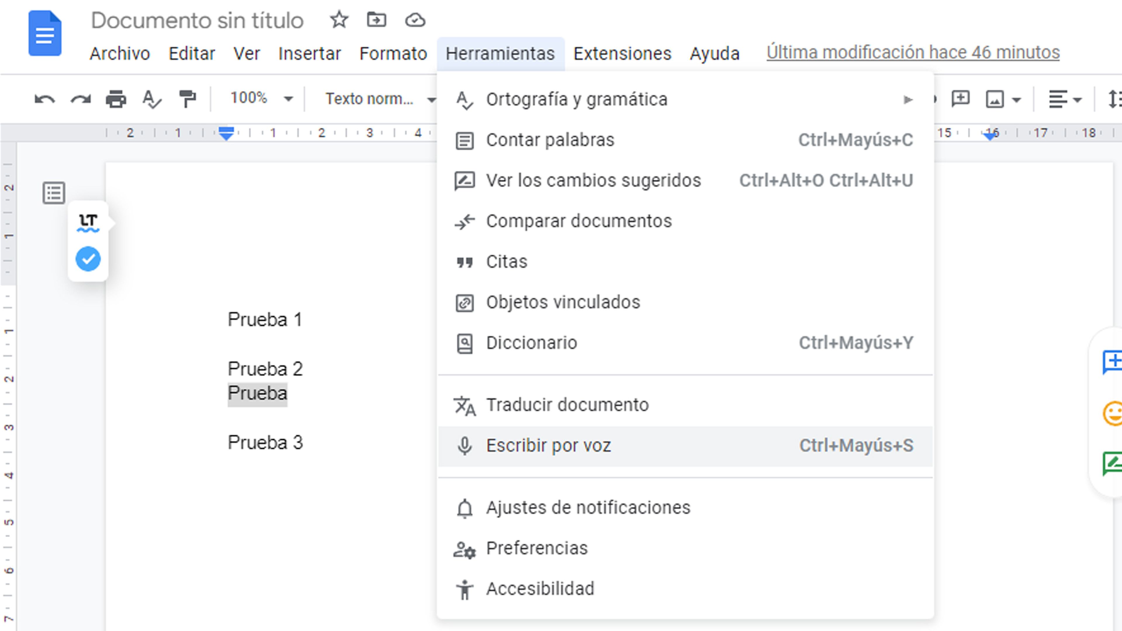 Escribir por voz Google Docs