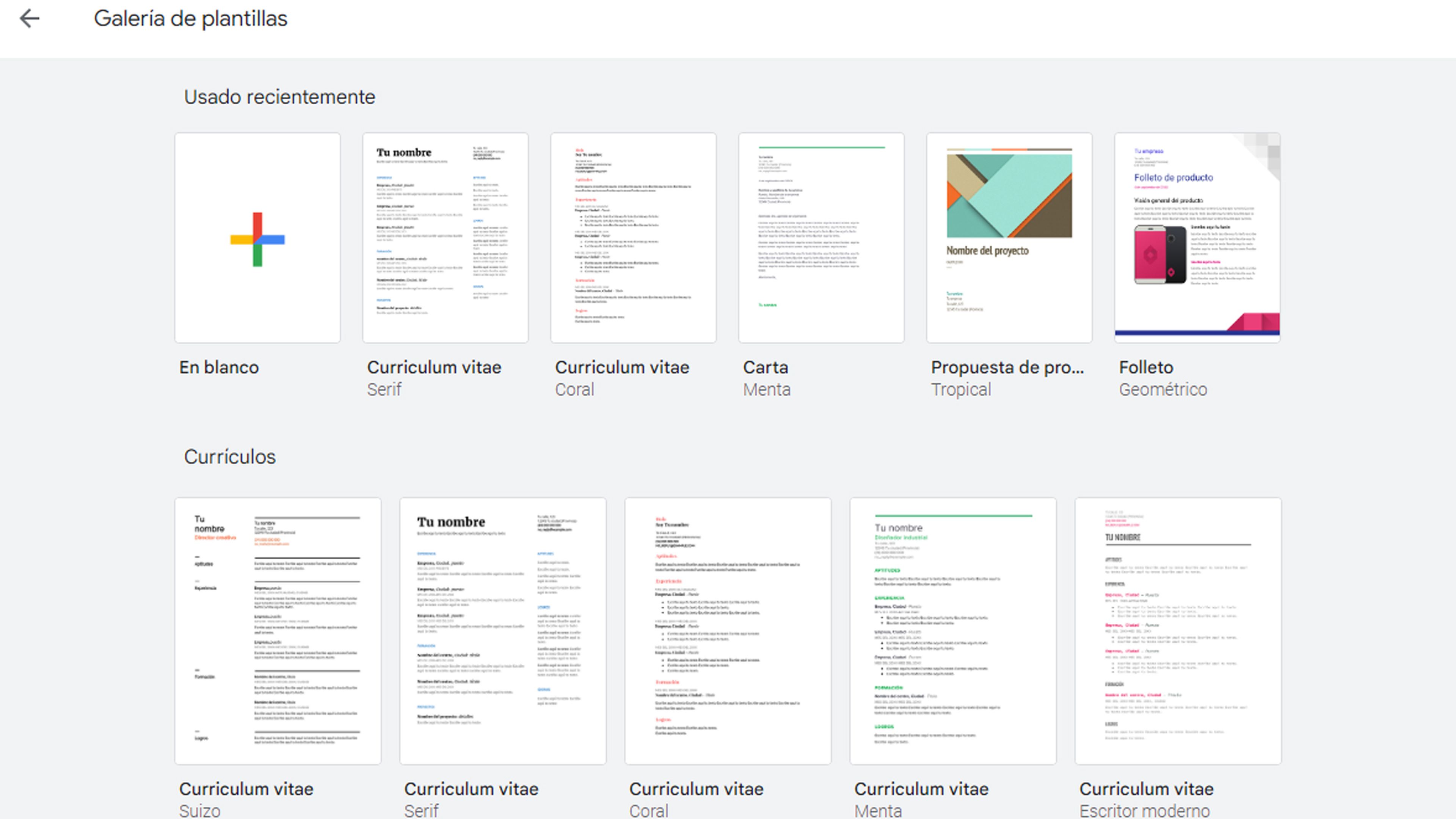 Galería de plantillas Google Docs