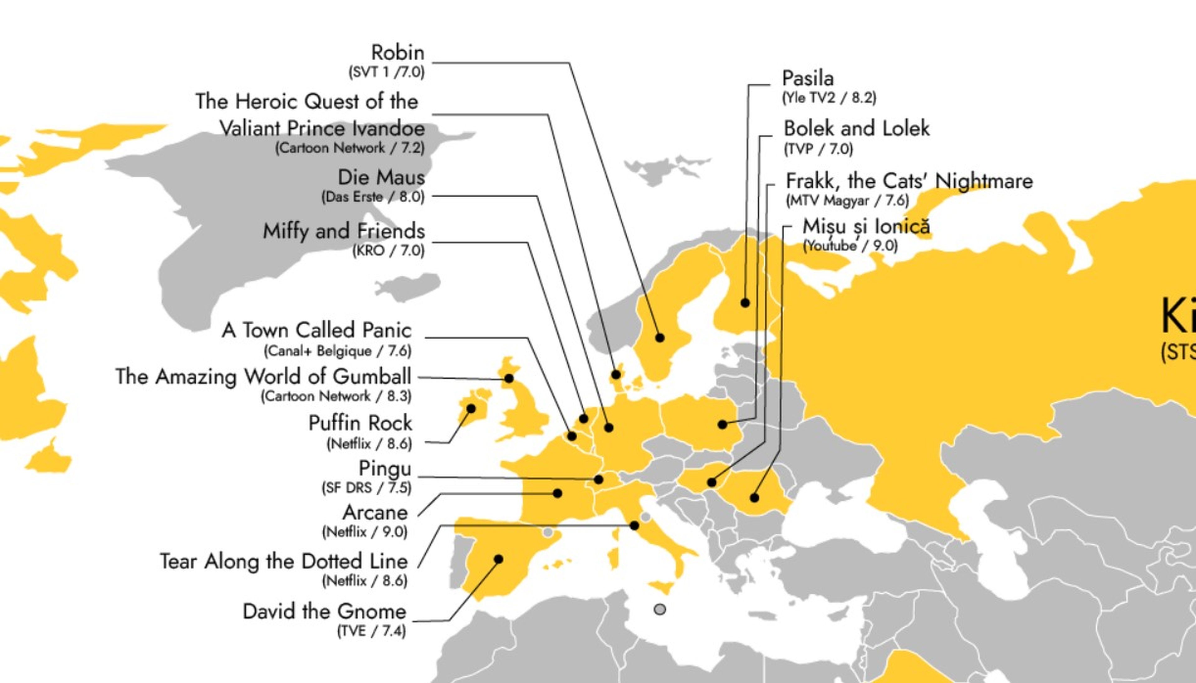 El mapa de las series de dibujos animados mejor valoradas por país en IMDb 