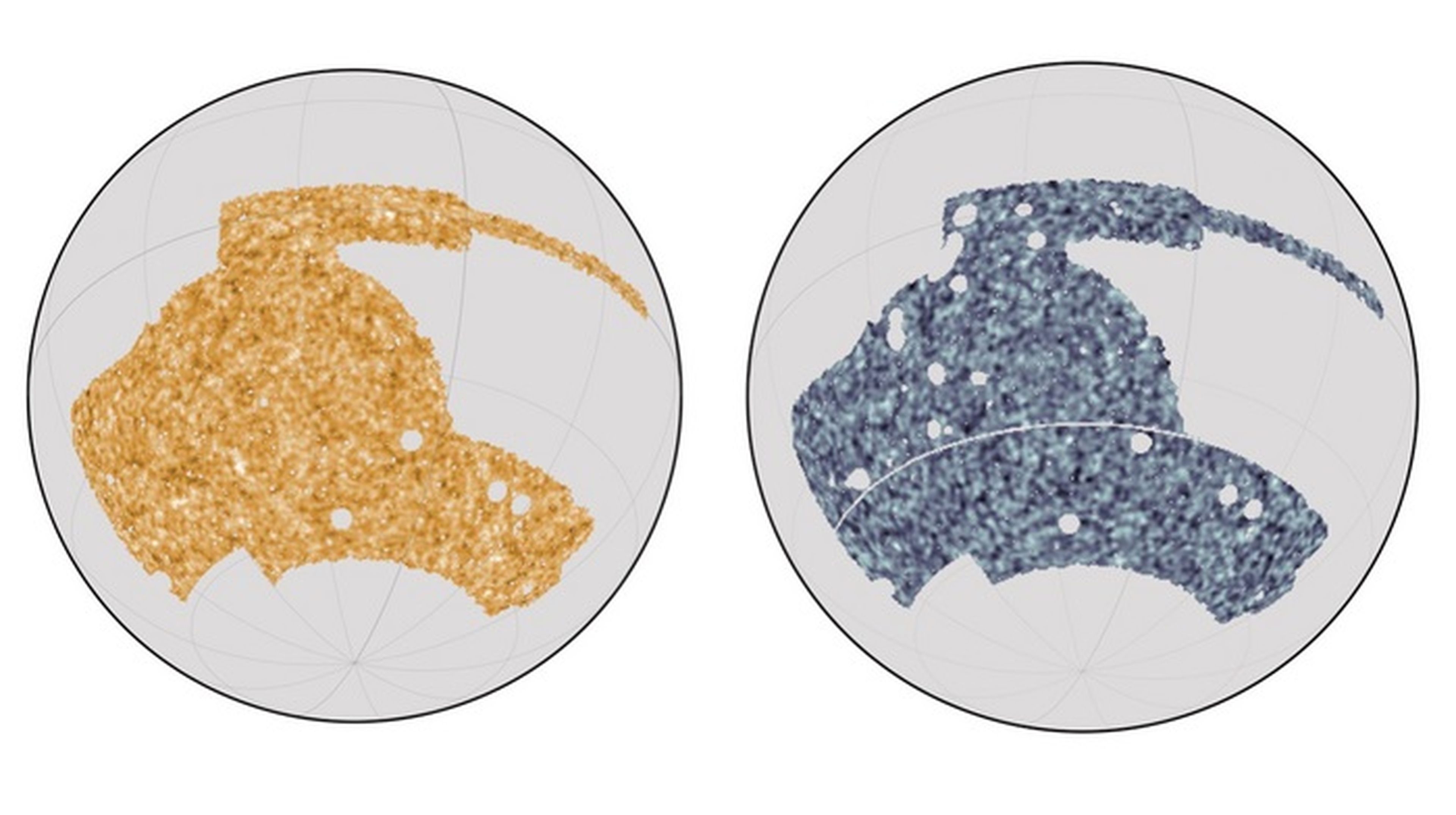 Mapas del cielo del telescopio Dark Energy Survey (a la izquierda) y del Telescopio del Polo Sur
