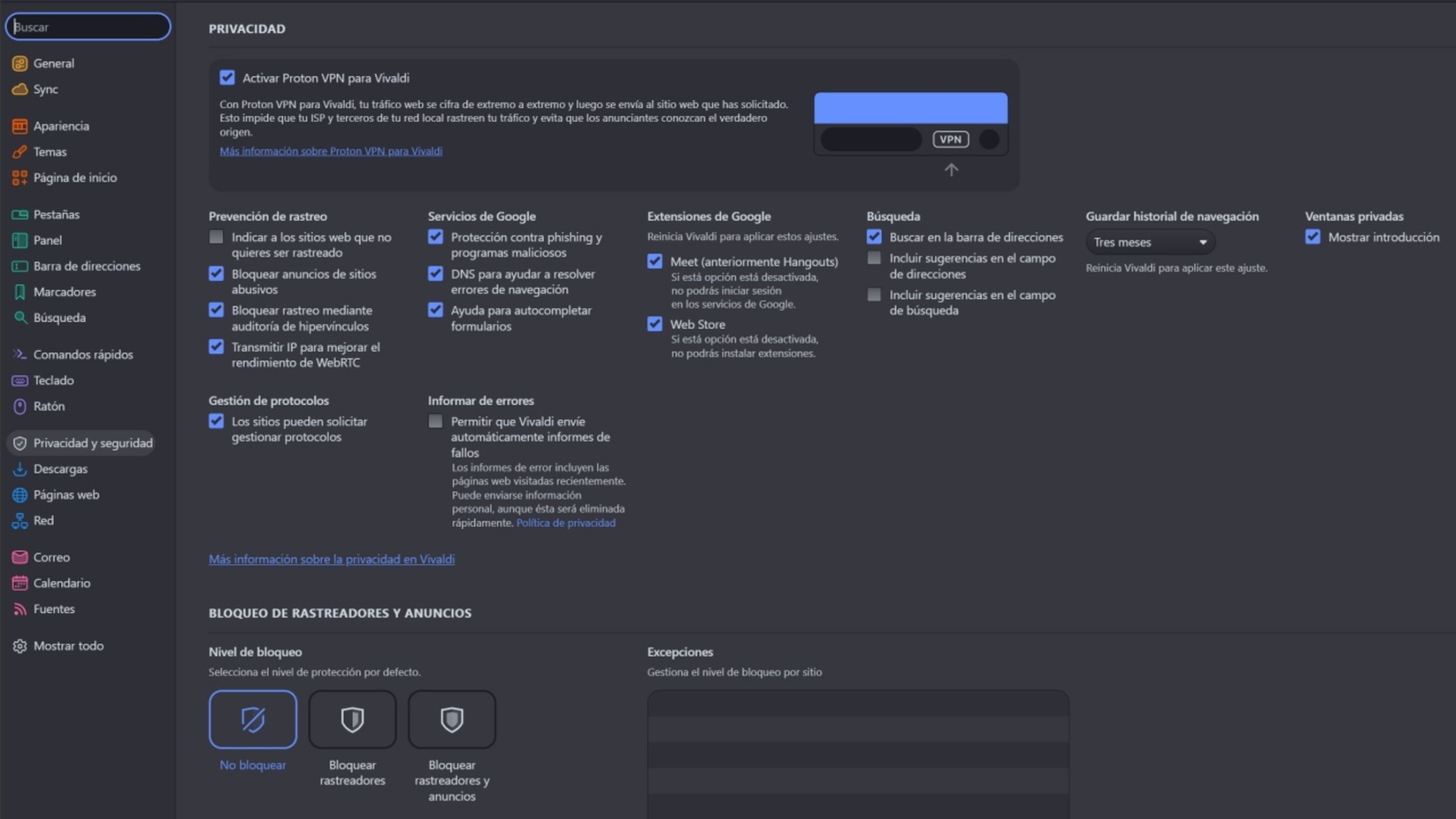 Privacidad en Vivaldi