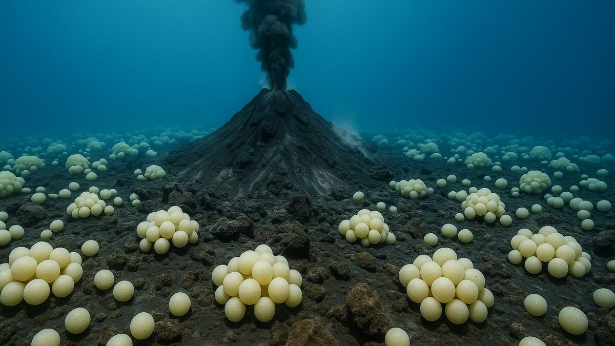 Expertos se muestran asombrados por el descubrimiento de un volcán submarino rodeado de miles de huevos de medio metro de largo