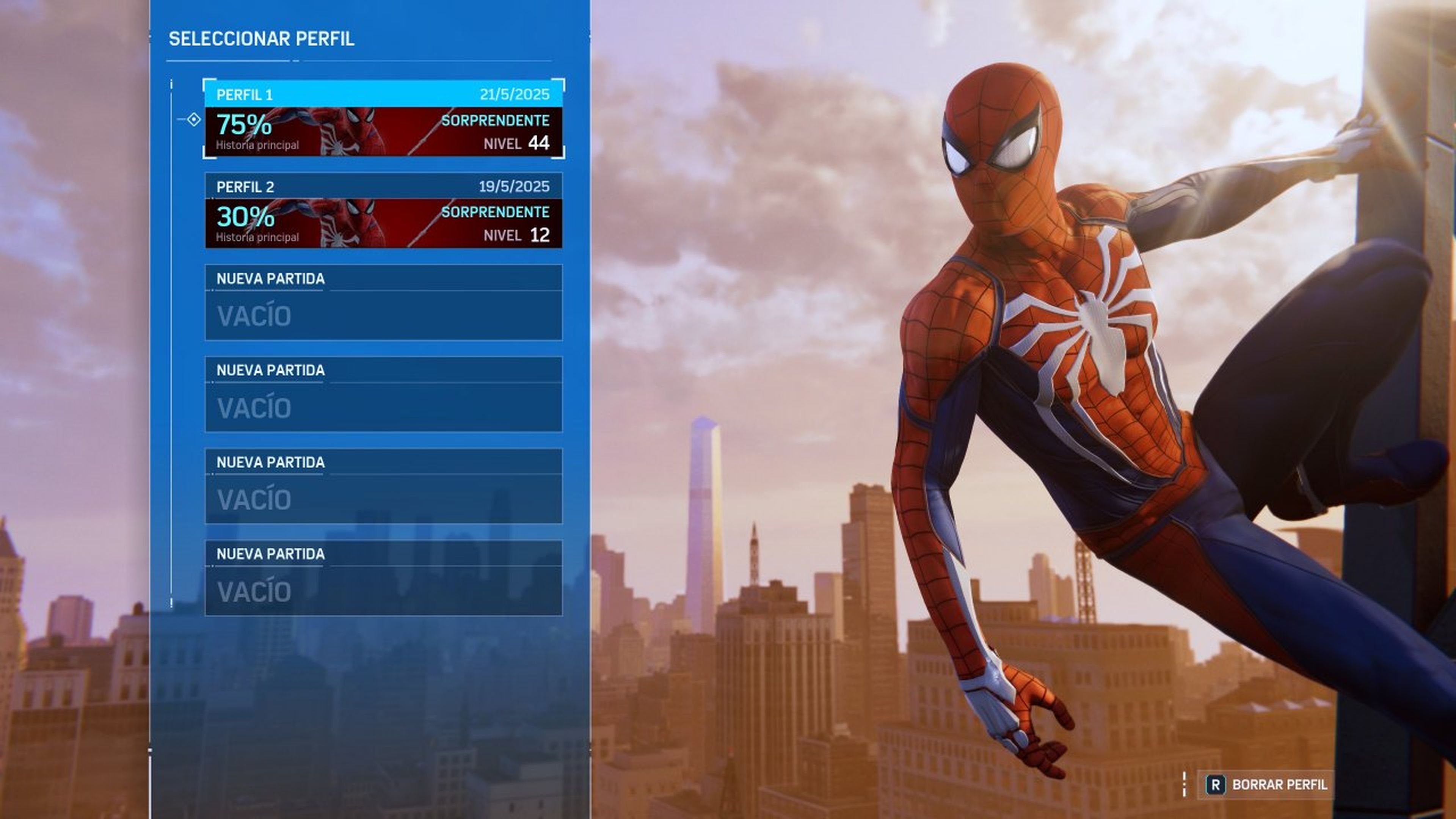 Marvels Spider-Man Remastered menú del juego.