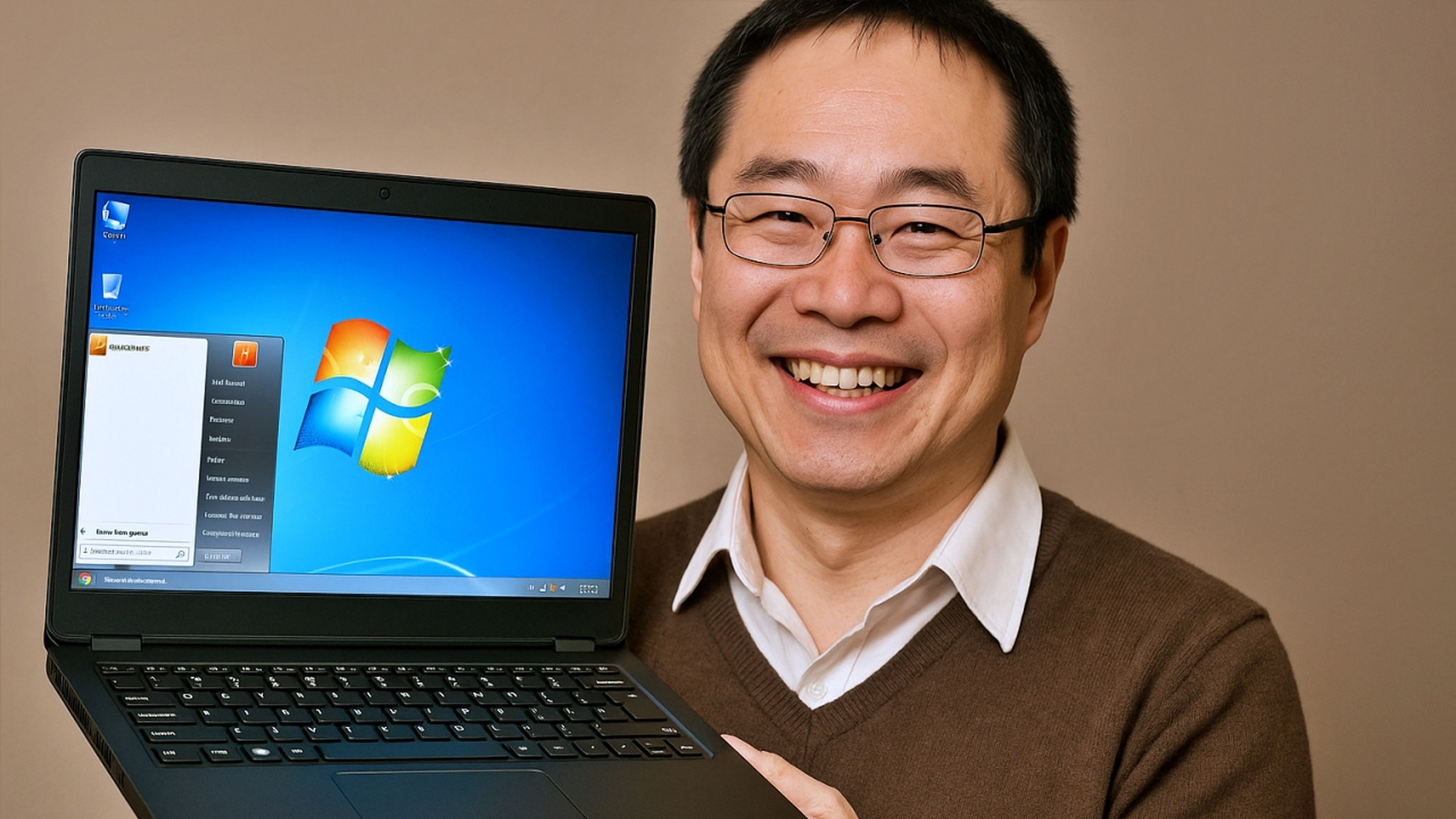 Raymond Chen con un ordenador portatil con Windows 7