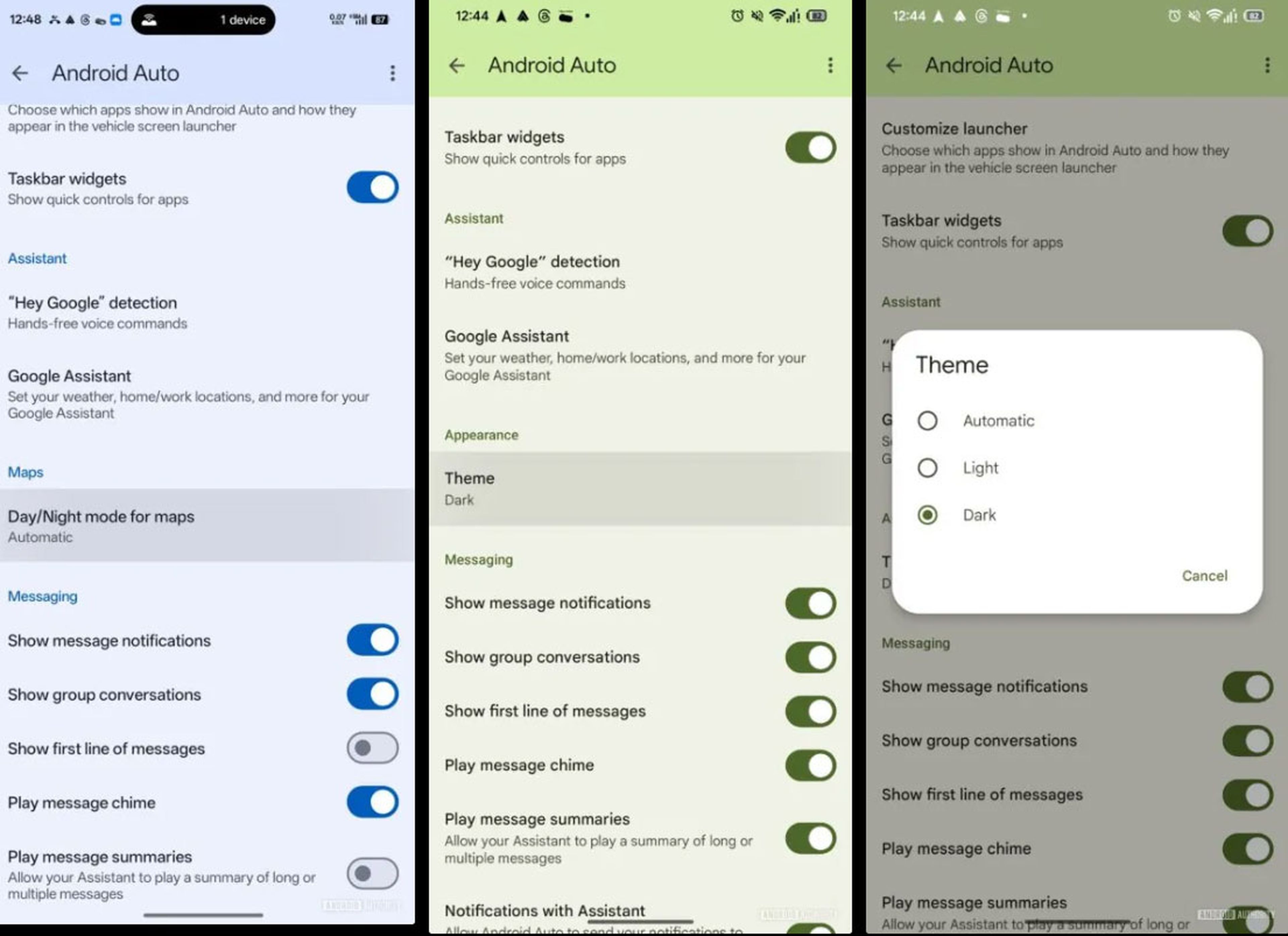 Google añade opciones de tema claro, oscuro y automático en Android Auto