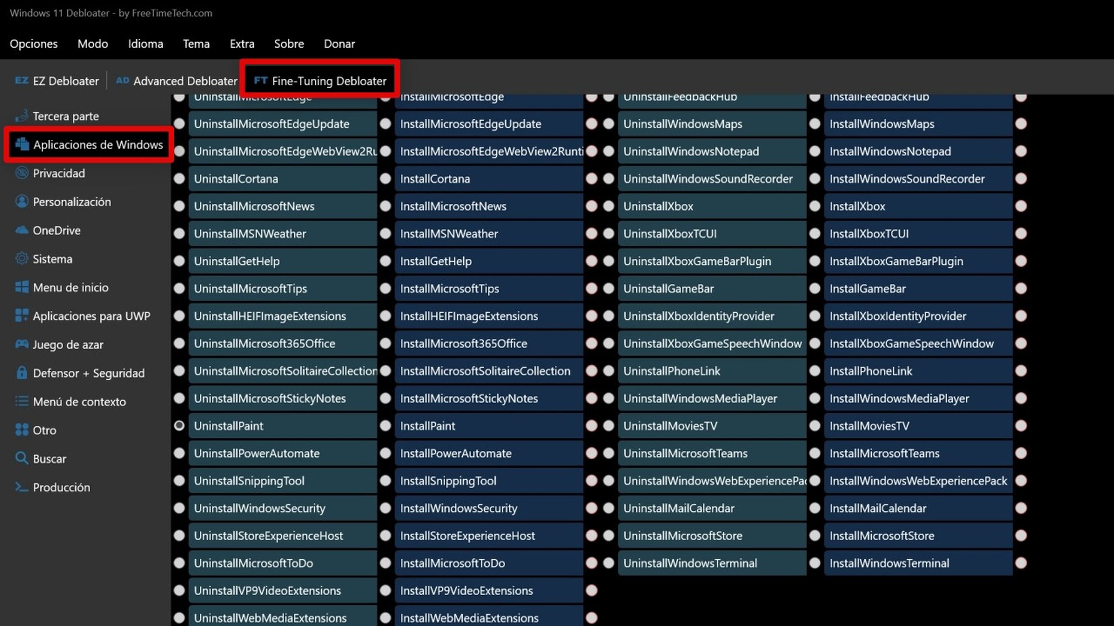 Aplicaciones de Windows en Debloater Tool