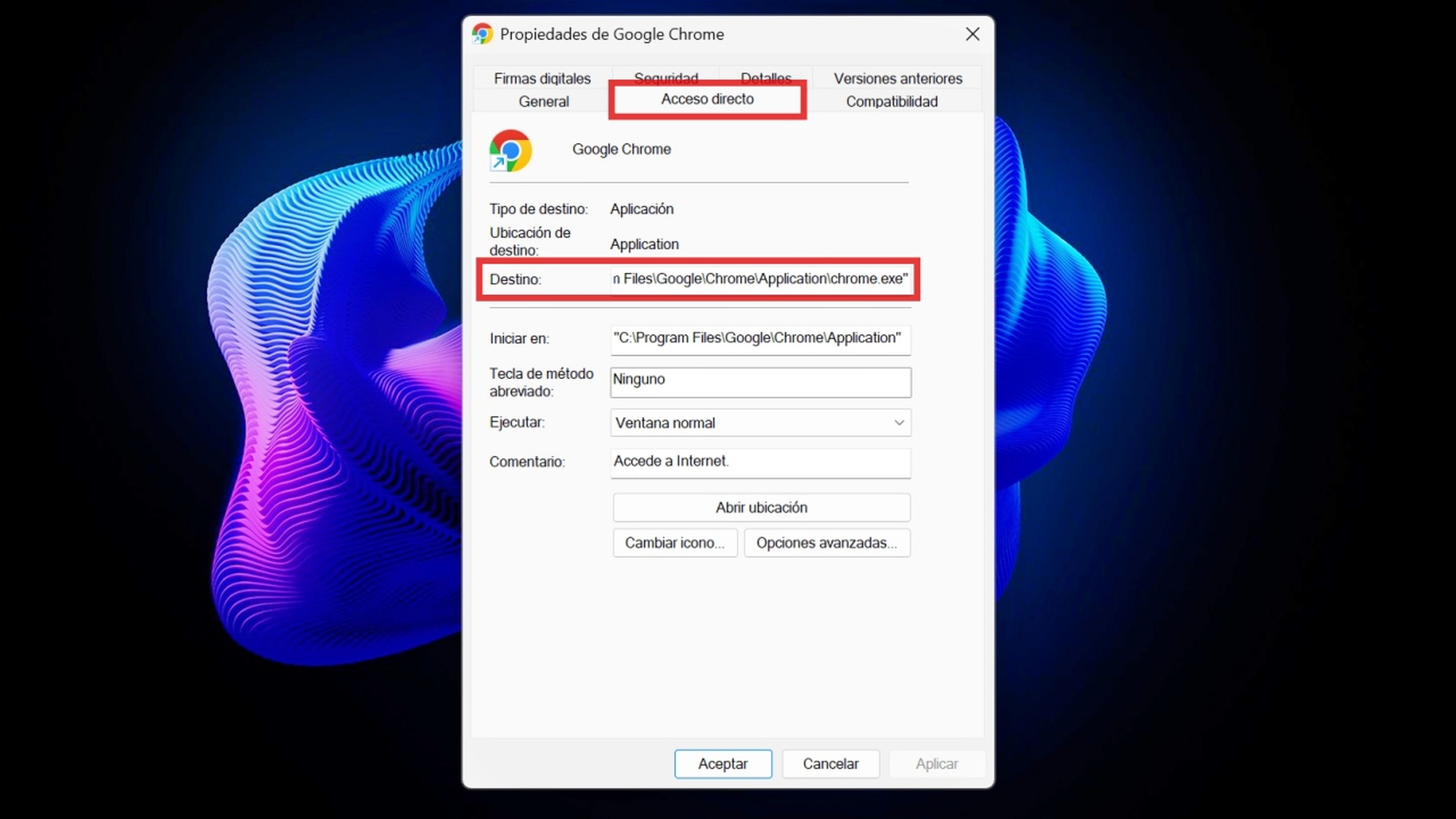 Propiedades de Google Chrome